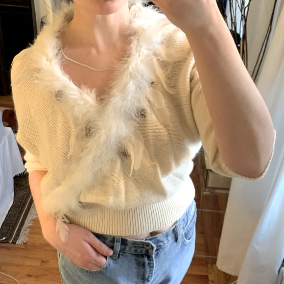 Bonnie and Bill Cream Angora Sweater Detachable Marabou Feather Collar Small VTG - Picture 10 of 16